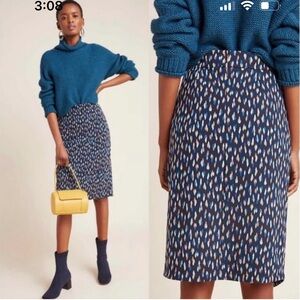 Anthropologie Debra Blue Patterned Pencil Faux Wrap Skirt
